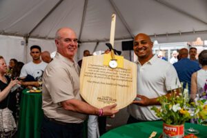 Frank Pepe Pizzeria Napoletana at 100 year celebration, pizza maker tribute, New Haven, Connecticut