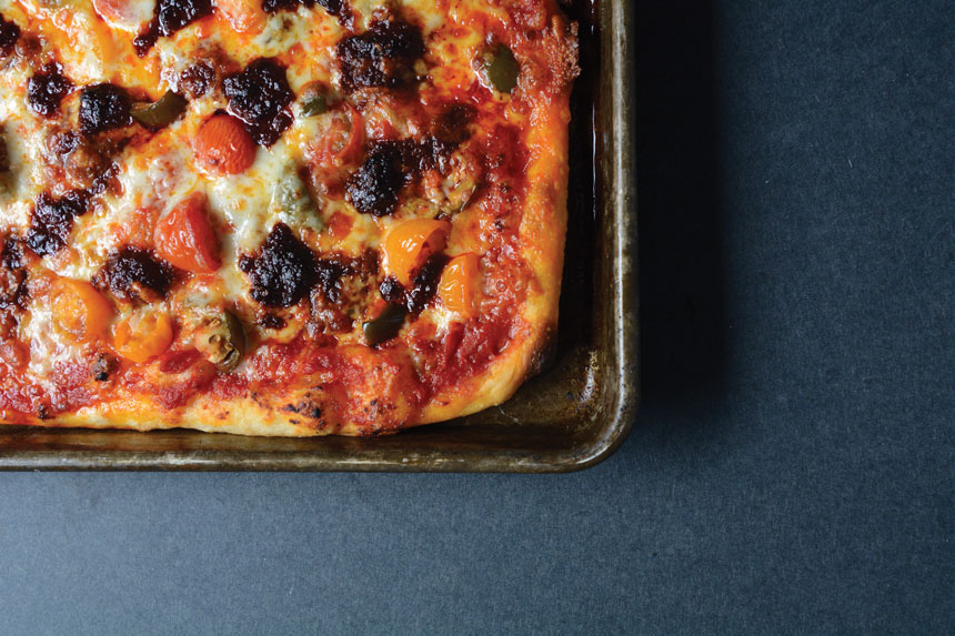 ‘Nduja, pizza, cherry peppers, bacon, shaved parmesan, nduja, spreadable salami