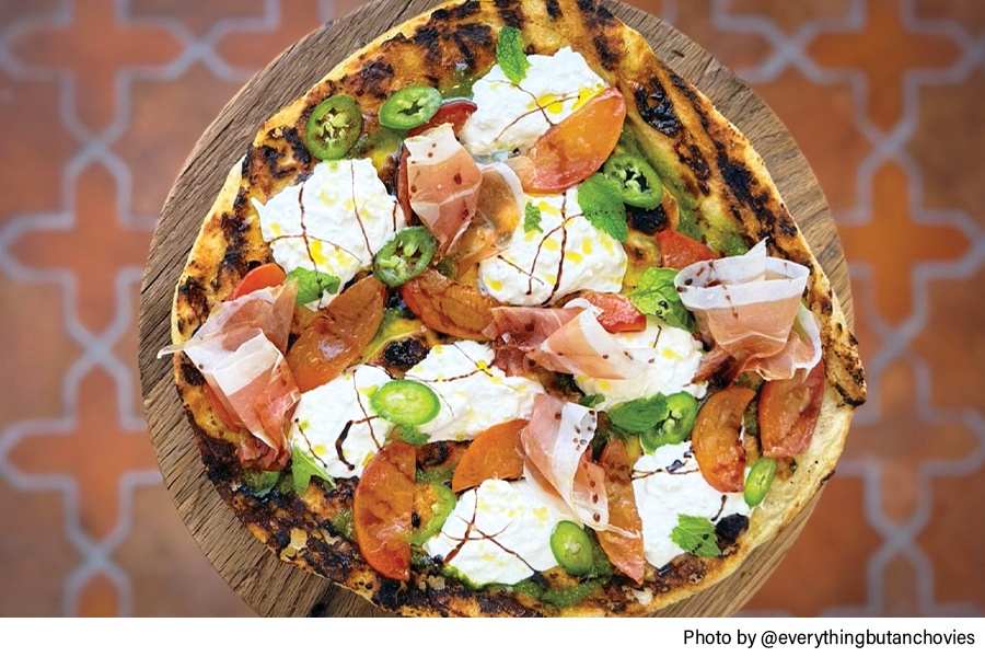 Grilled Pizza with Peaches, Burrata, Serrano Peppers, Basil and Balsamic, on deck, pizza recipe, Chris Decker
