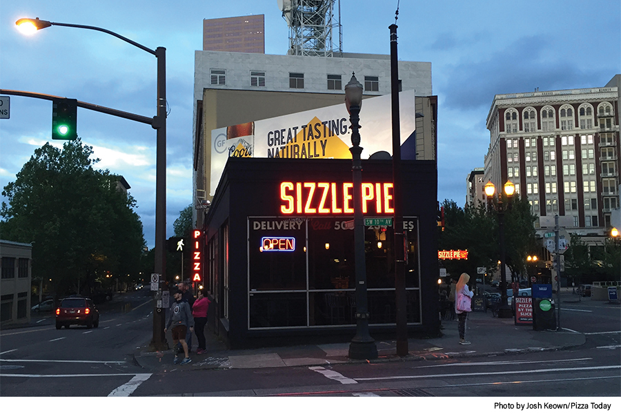 exterior signage, Sizzle Pie, Portland, Oregon