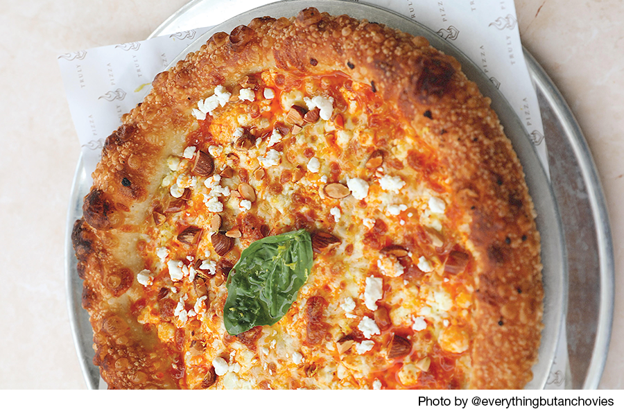 White Hot Pizza Recipe, Chris Decker, Truly Pizza, Dana Point, California. California almonds, Calabrian chili agrumato, goat cheese, smoked mozzarella