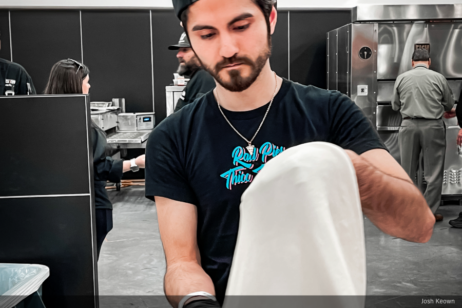 stretching dough at the International Pizza Challenge, Competition Pizza Dough