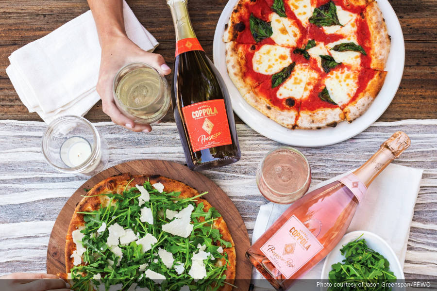 Image of pizzas paired with wines.