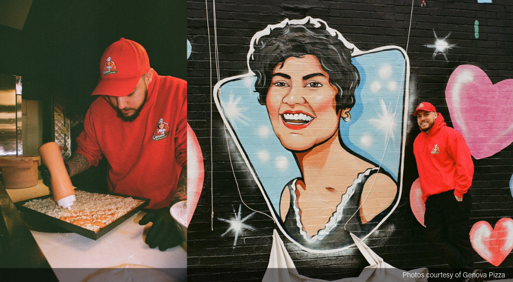 Image of Ali Doukali and the mural at Genova Pizza.